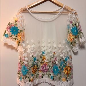 Floral Embroidered Sheer Top, 1X, Shein